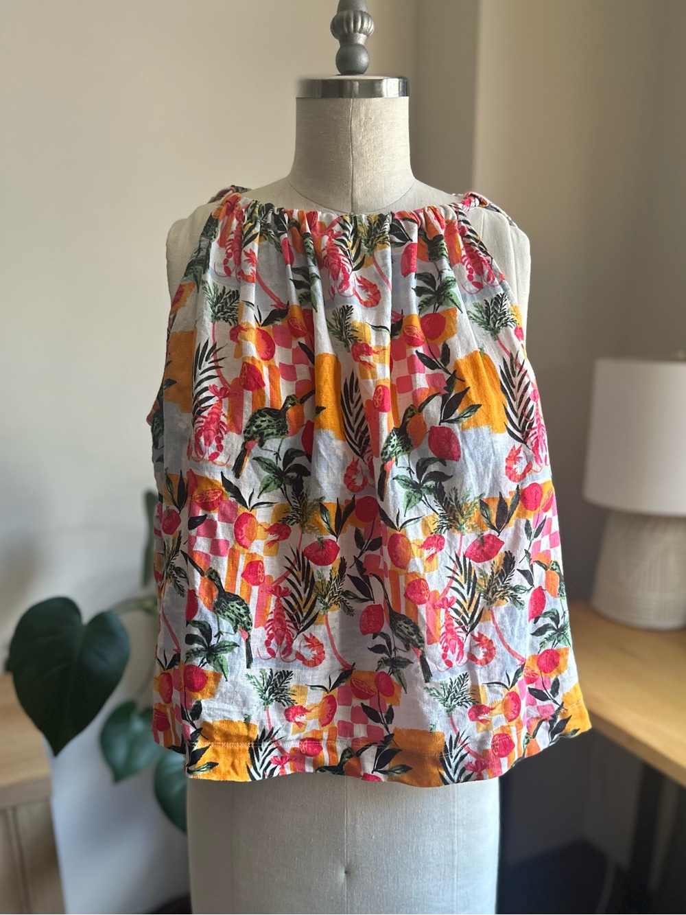 C&C California Pink Orange Floral Tie-Neck Linen Top